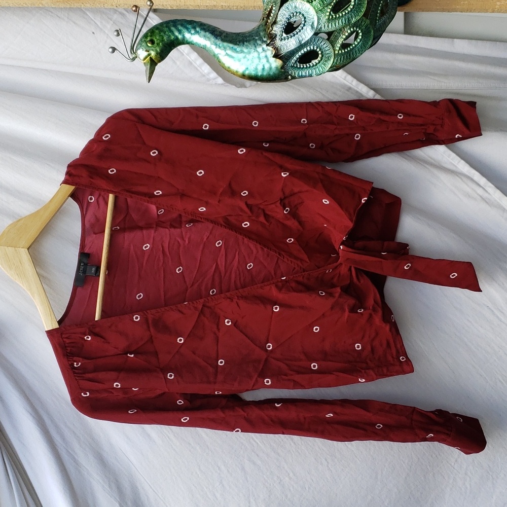 J Crew 100% Silk wrap shrug blouse tie front sash Burgundy XXS